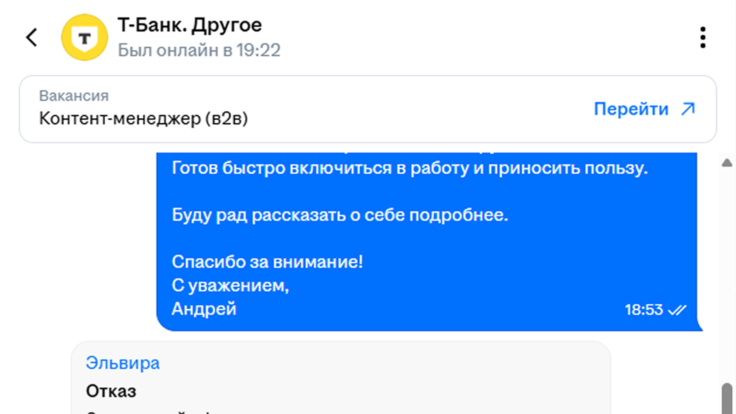 Скриншот переписки в чате hh